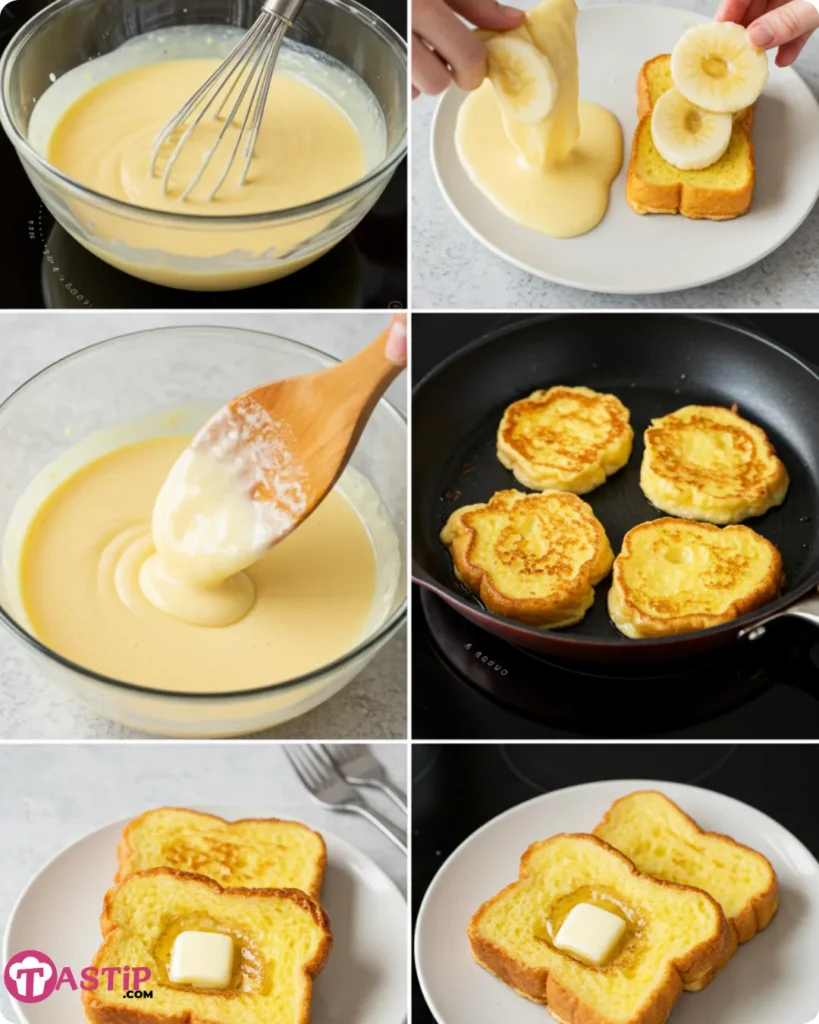 Step-by-step process making Hawaiian Roll French Toast