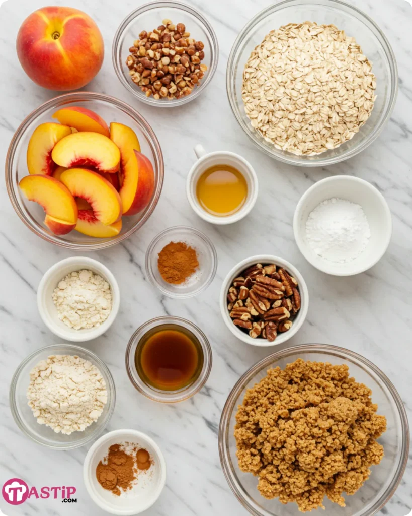 Healthy Peach Crisp Recipe 6 Ingredients for healthy peach crisp recipe displayed on a countertop