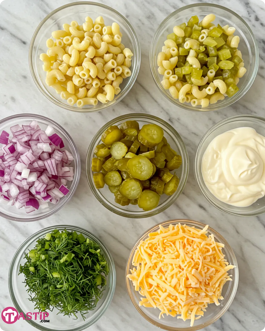 Ingredients for Dill Pickle Macaroni Salad