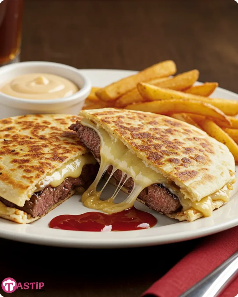 Juicy Blackstone quesadilla burger served with crispy fries and dipping sauce