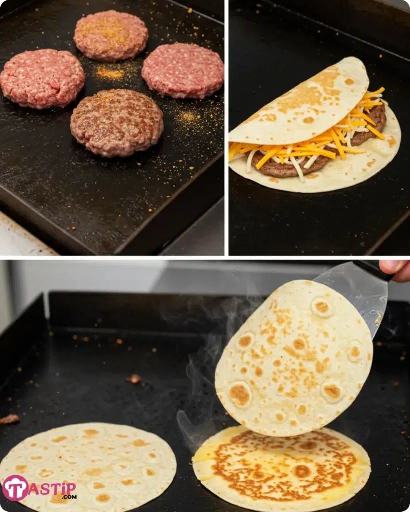 Step-by-step images of making juicy Blackstone quesadilla burger