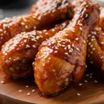 Korean BBQ Chicken Drumsticks glazed with sticky sauce and garnished with sesame seeds and green onions