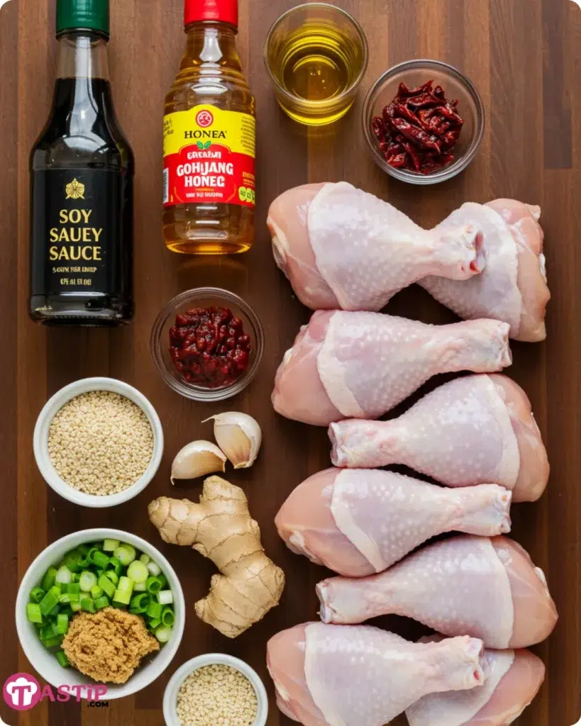 Ingredients laid out for Korean BBQ Chicken Drumsticks including soy sauce, honey, gochujang, and chicken drumsticks