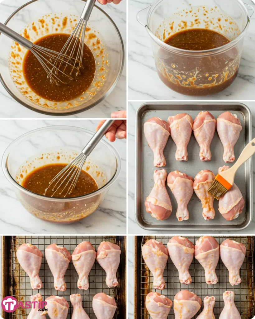 Step-by-step images showing marinade preparation and cooking Korean BBQ Chicken Drumsticks