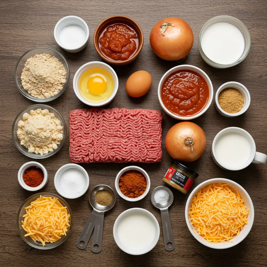 Mexican Meatloaf Recipe 6 ngredients for Mexican Meatloaf including ground beef, taco seasoning, salsa, and cheese