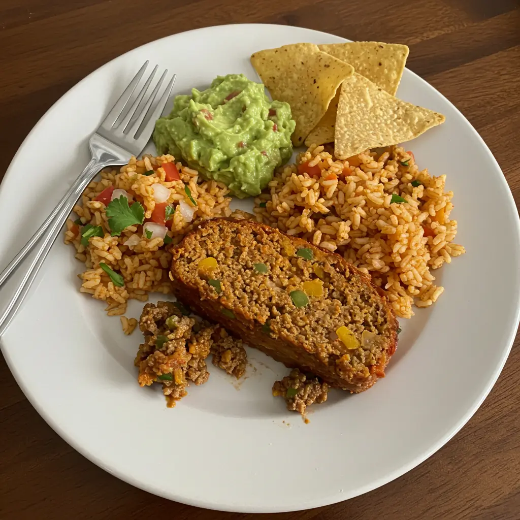 Mexican Meatloaf Recipe 8 A slice of Mexican Meatloaf served with rice, guacamole, and tortilla chips