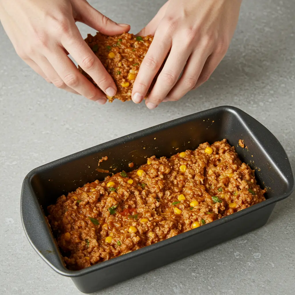 Mexican Meatloaf Recipe 7 Shaping Mexican Meatloaf in a loaf pan before baking