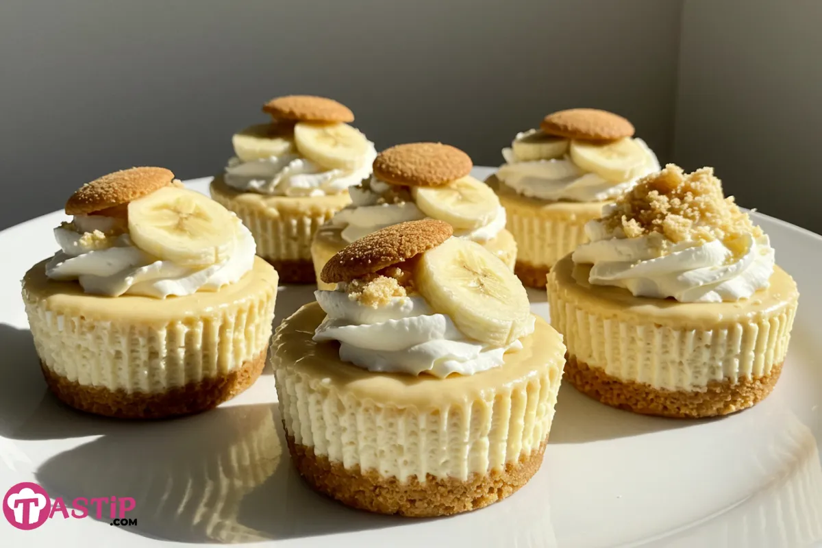 Mini Banana Pudding Cheesecakes topped with whipped cream and bananas