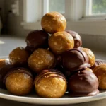 Chocolate-covered No-Bake Peanut Butter Balls on white plate