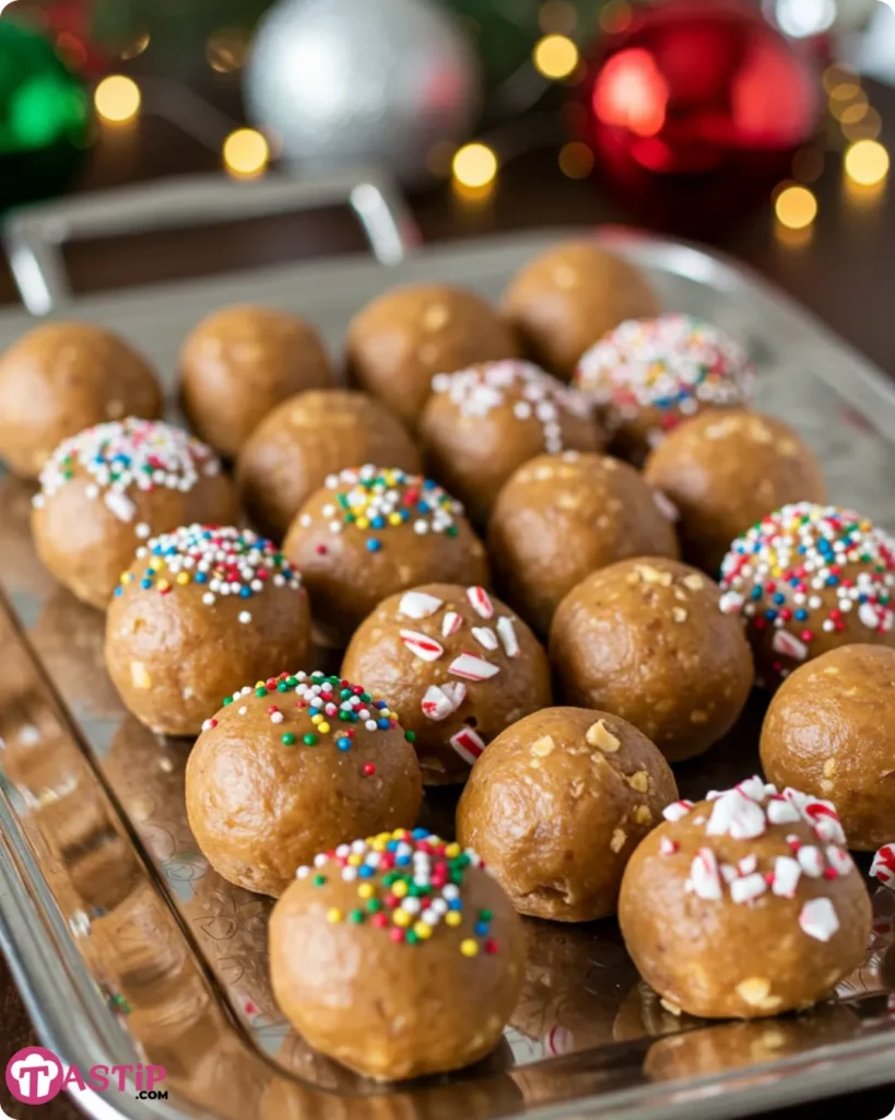 No-Bake Peanut Butter Balls on holiday tray