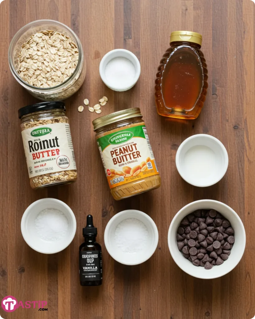 Ingredients for no bake peanut butter oat cups on wooden table