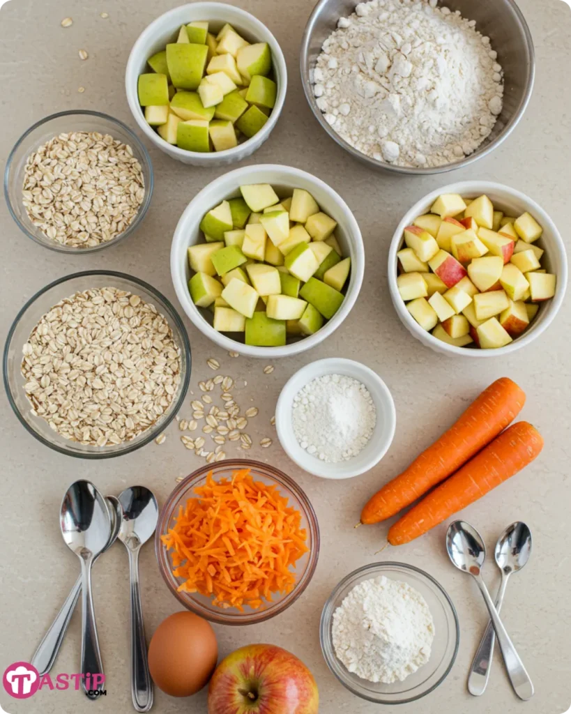 Ingredients for Oat, Apple, and Carrot Cake laid out on a kitchen counter