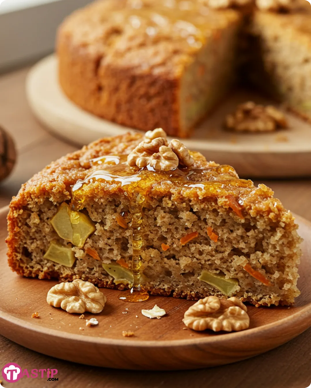 A slice of Oat, Apple, and Carrot Cake on a plate with a cup of tea