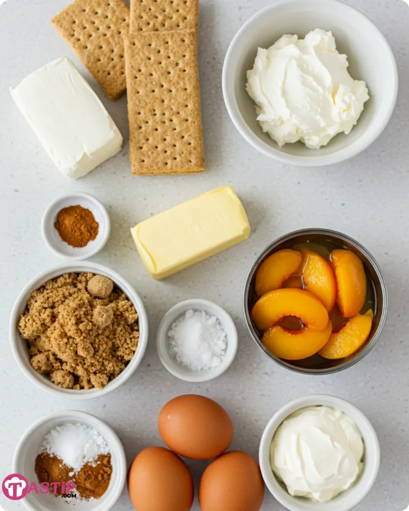 Peach Cobbler Cheesecake ingredients laid out on a counter