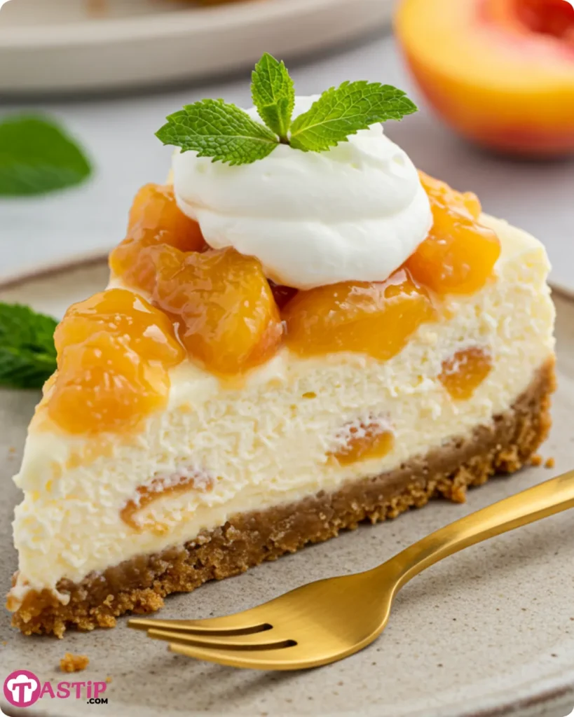 Slice of Peach Cobbler Cheesecake served with whipped cream