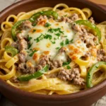 Philly cheesesteak pasta ingredients laid out on counter