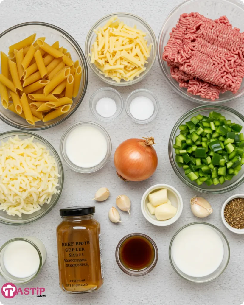 Philly cheesesteak pasta ingredients laid out on counter