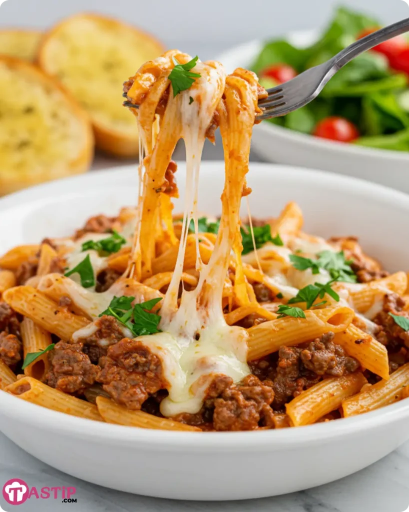 Philly cheesesteak pasta served in a bowl with parsley