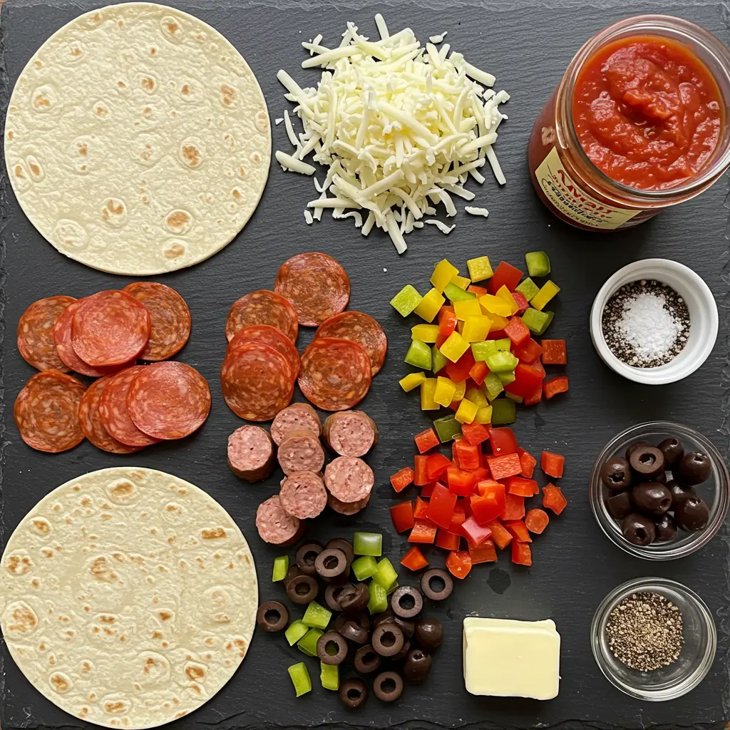 Pizza enchiladas ingredients lineup