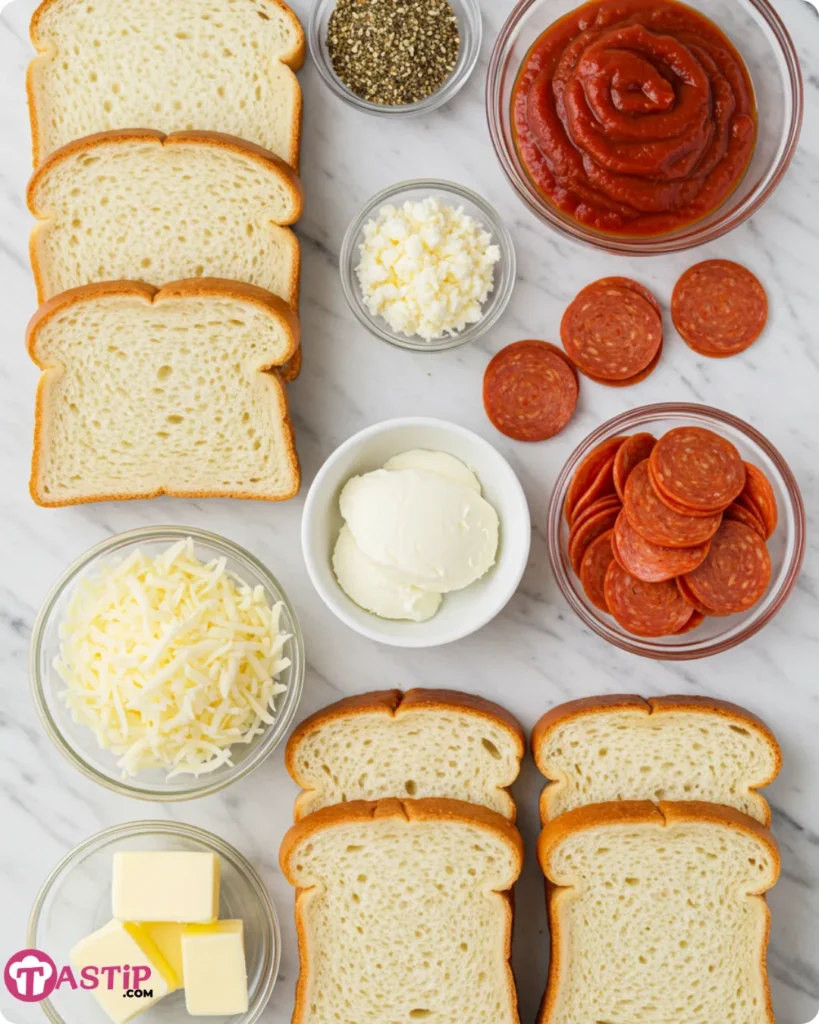 Ingredients for Pizza Grilled Cheese Sandwiches laid out
