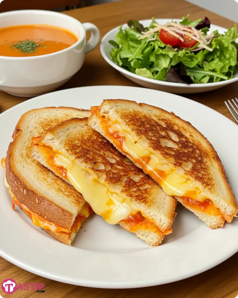Pizza Grilled Cheese Sandwich with tomato soup and salad