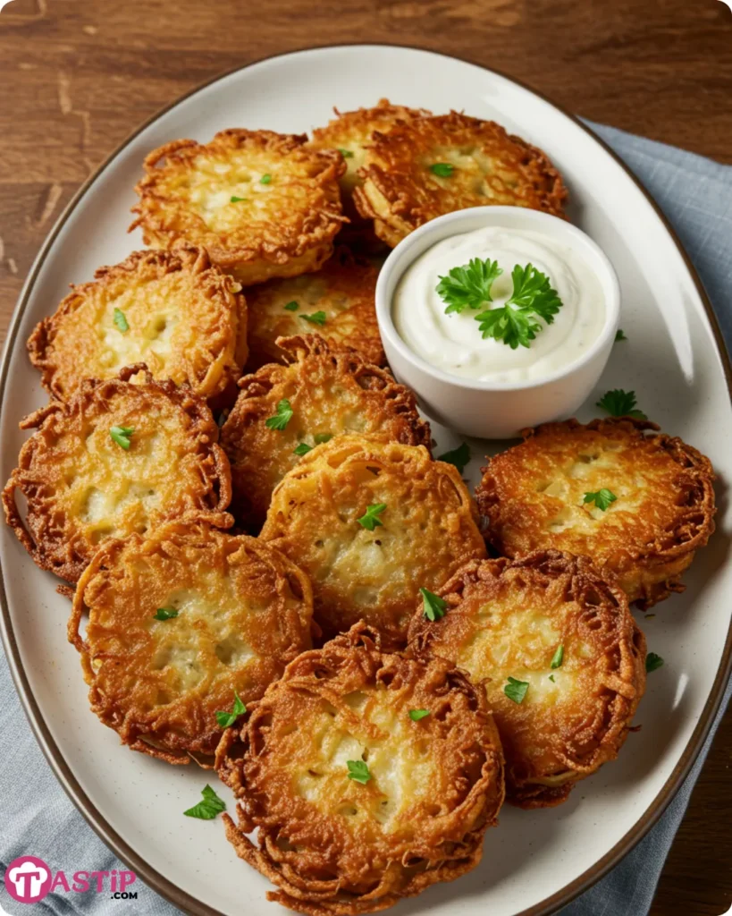 Crispy Amish Onion Fritters 8 Plated Amish onion fritters with dipping sauce