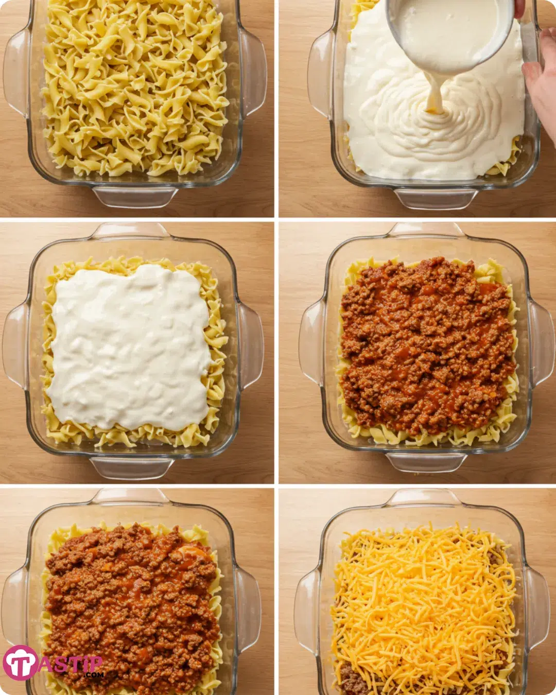 Layering Poor Man Husband Casserole in baking dish