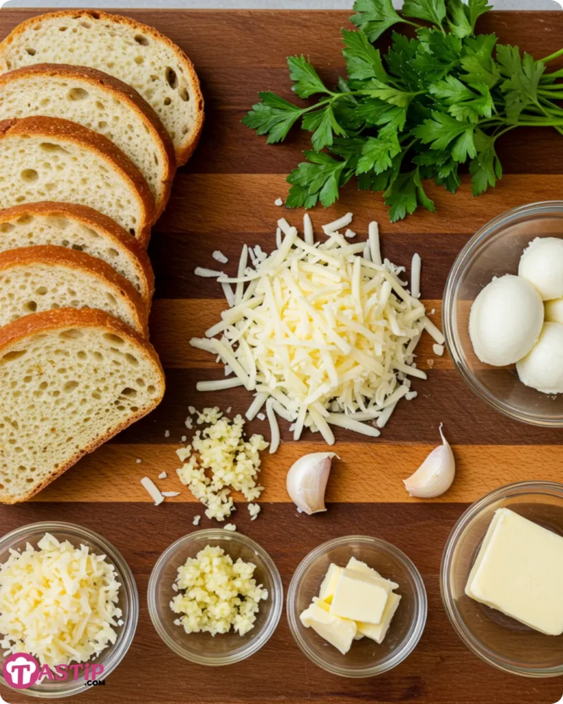 Ingredients for Garlic Bread Grilled Cheese on a wooden board