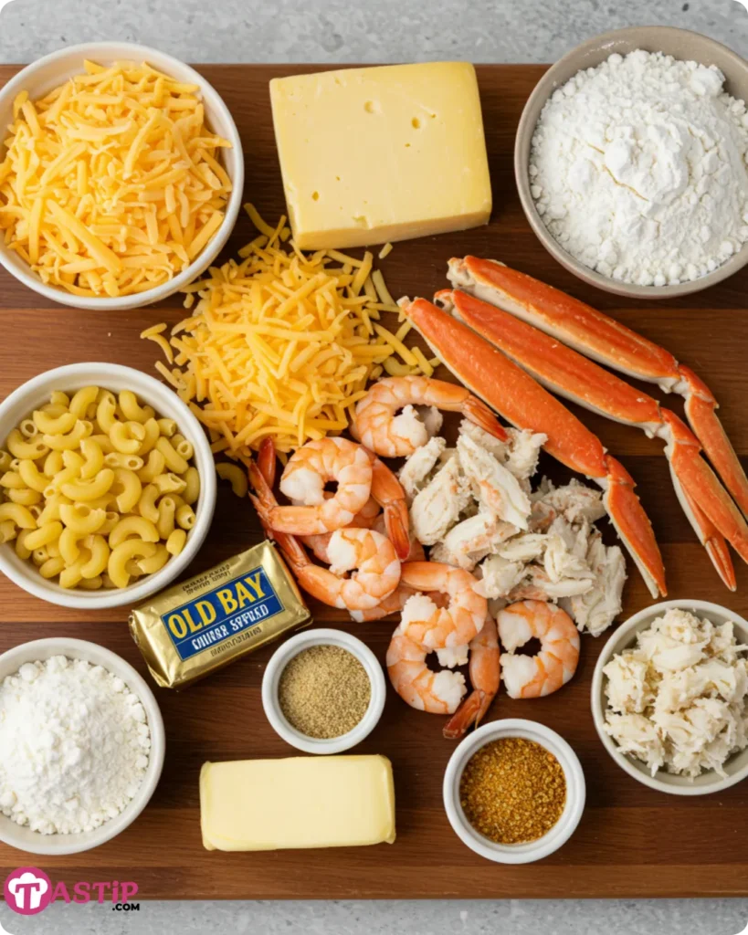 Ingredients for seafood mac and cheese on wooden board