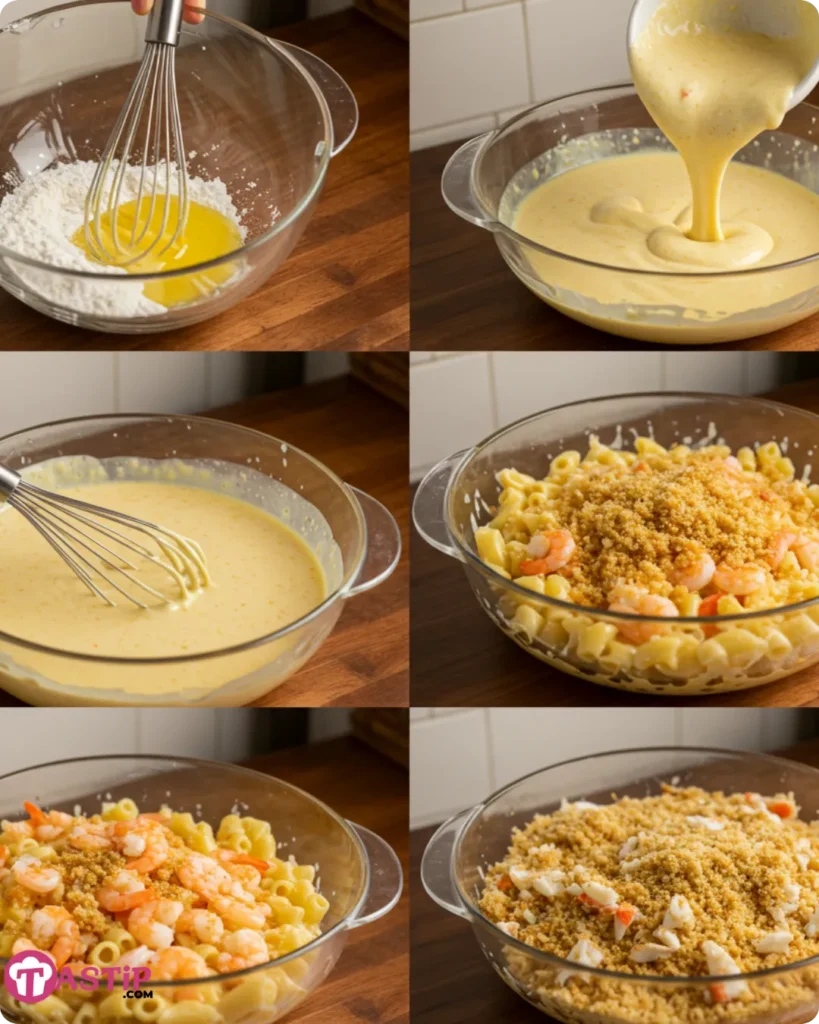 Step-by-step making seafood mac and cheese