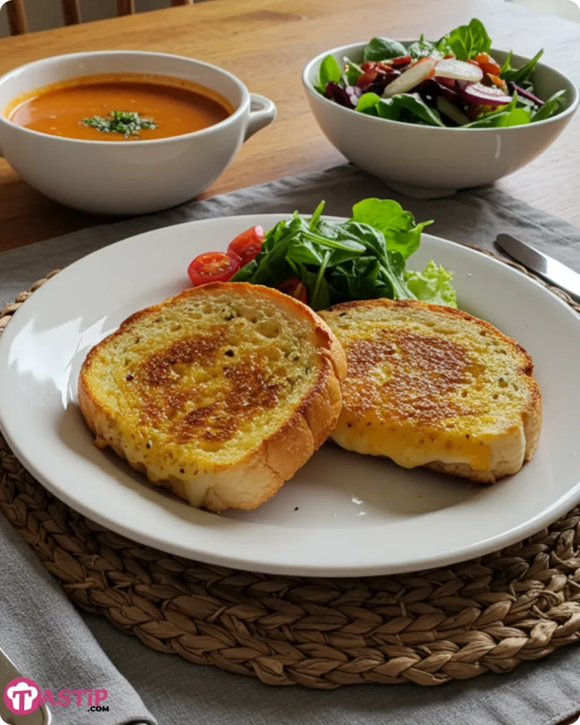 Garlic Bread Grilled Cheese served with tomato soup and salad