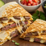Stacked steak and cheese quesadillas with melting cheese and juicy steak slices