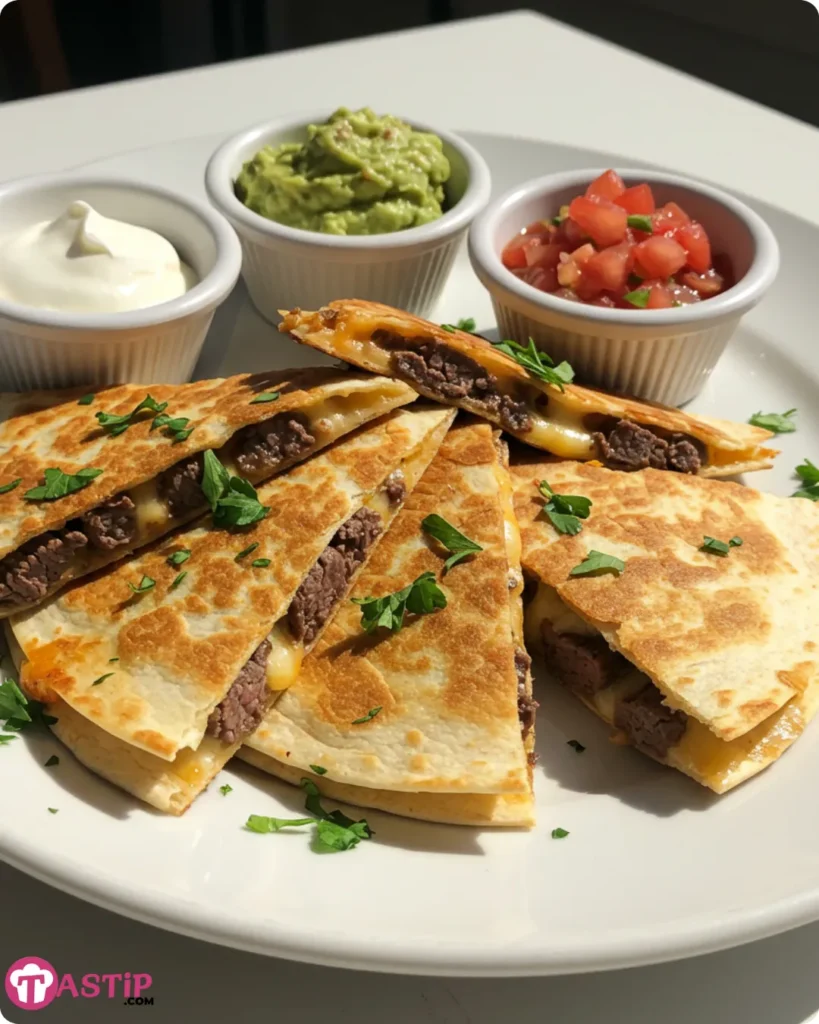 Plated steak and cheese quesadillas with dips on the side