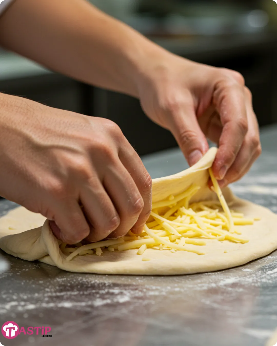 folding cheese into pizza dough