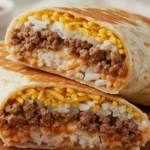 Taco Bell Beefy Melt Burrito sliced open showing beef, cheese, and rice
