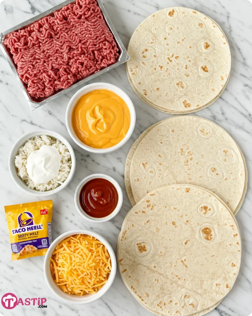 Ingredients for Taco Bell Beefy Melt Burrito on countertop