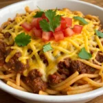 Taco Spaghetti in rustic bowl with cheese and herbs