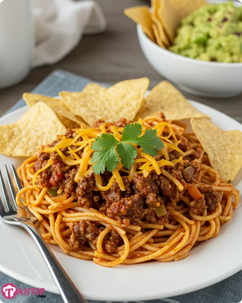 Served Taco Spaghetti with tortilla chips and guac