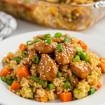 Plated serving of teriyaki chicken casserole