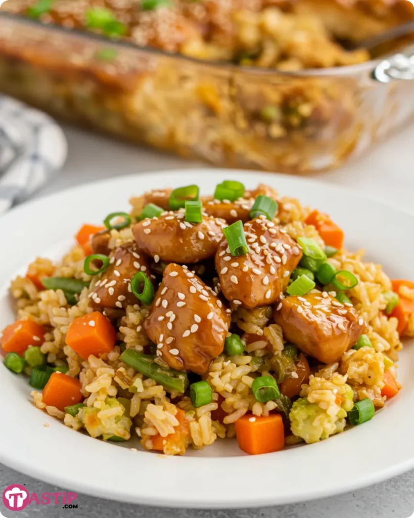 Plated serving of teriyaki chicken casserole
