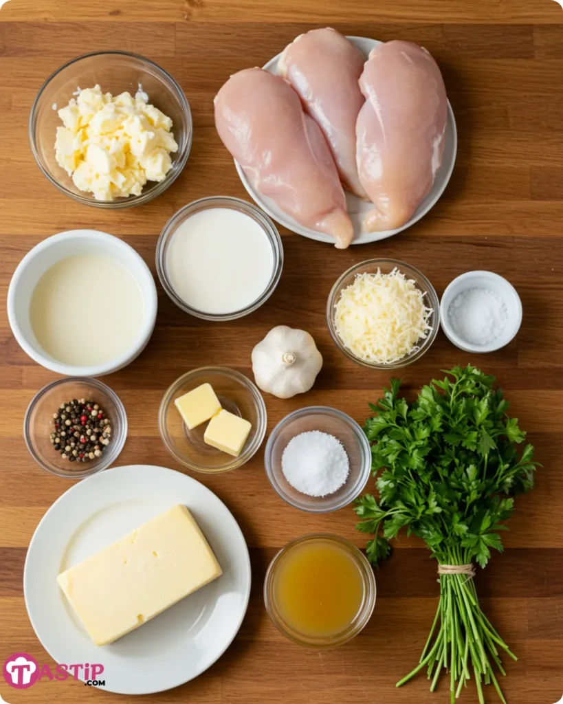 Texas Roadhouse Butter Chicken Skillet 4 Ingredients for Texas Roadhouse Butter Chicken Skillet laid out: chicken breasts, garlic, cream, butter, Parmesan, and parsley