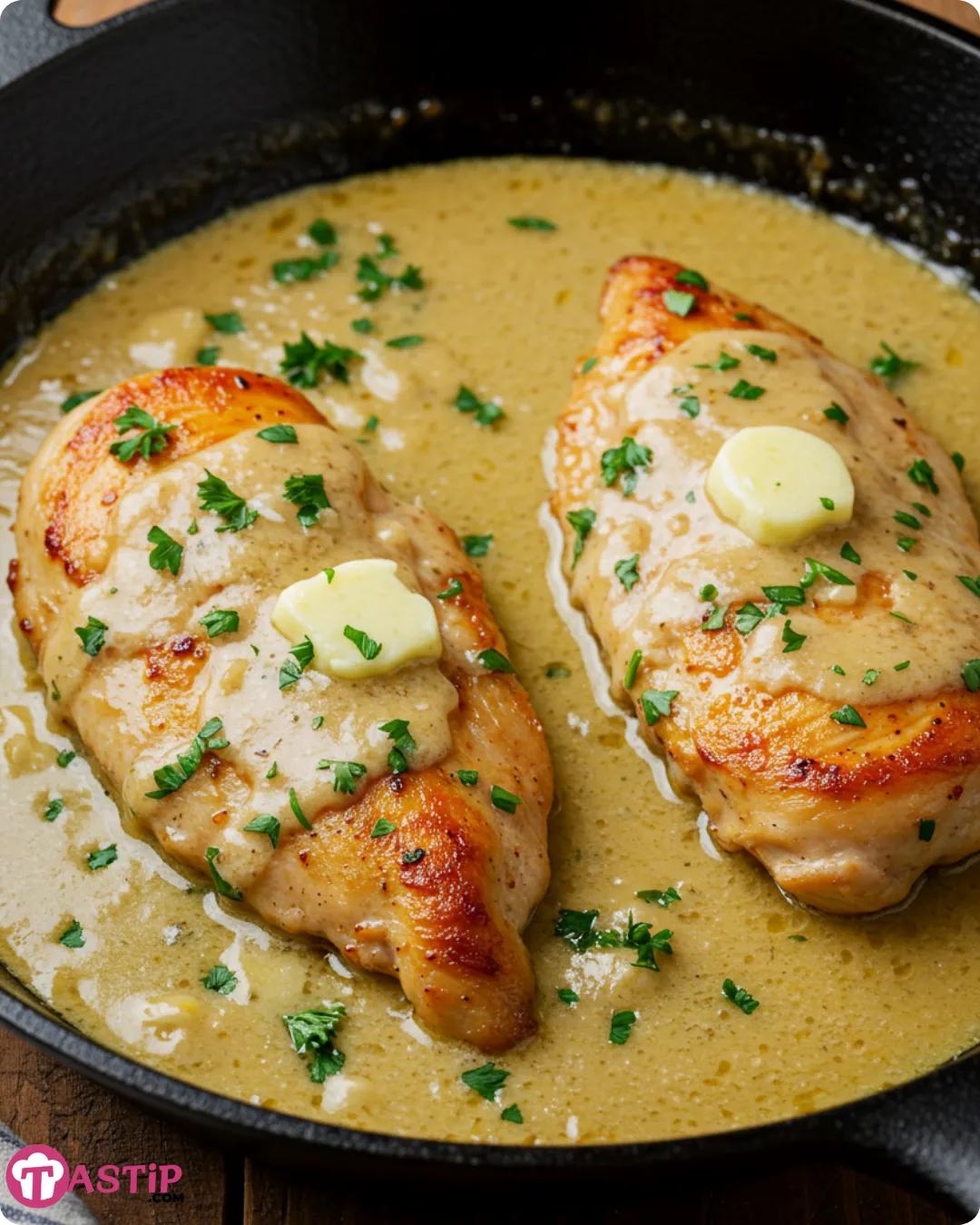 Texas Roadhouse Butter Chicken Skillet served with mashed potatoes and garnished with parsley on a dinner plate
