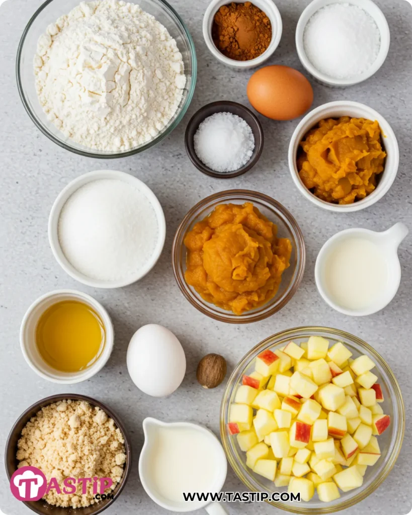 Apple Pumpkin Streusel Muffins 9 Ingredients for Apple Pumpkin Streusel Muffins measured and grouped