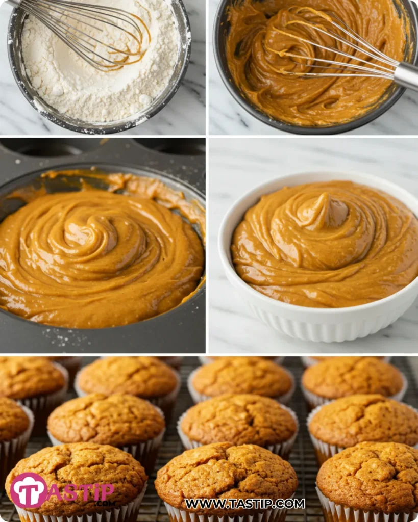 Baked Spiced Pumpkin Muffins 10 Step-by-step Baked Spiced Pumpkin Muffins showing mixing and domed bake