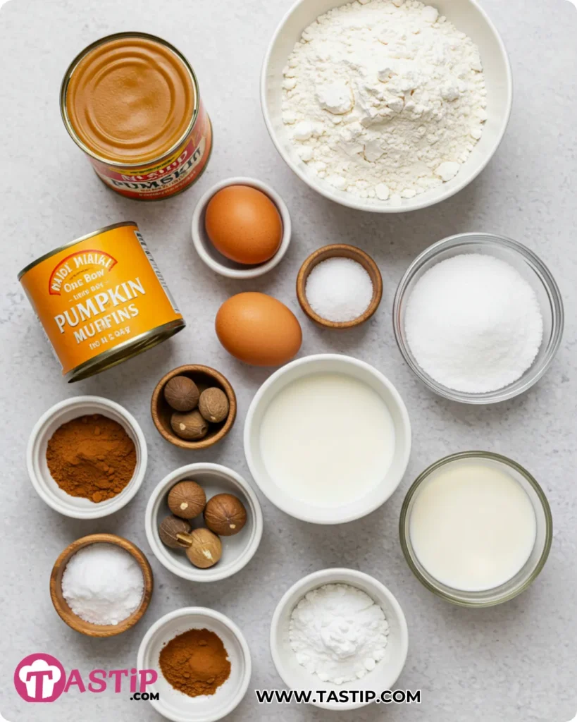 Easy One-Bowl Pumpkin Muffins 9 Ingredients for Easy One-Bowl Pumpkin Muffins arranged overhead