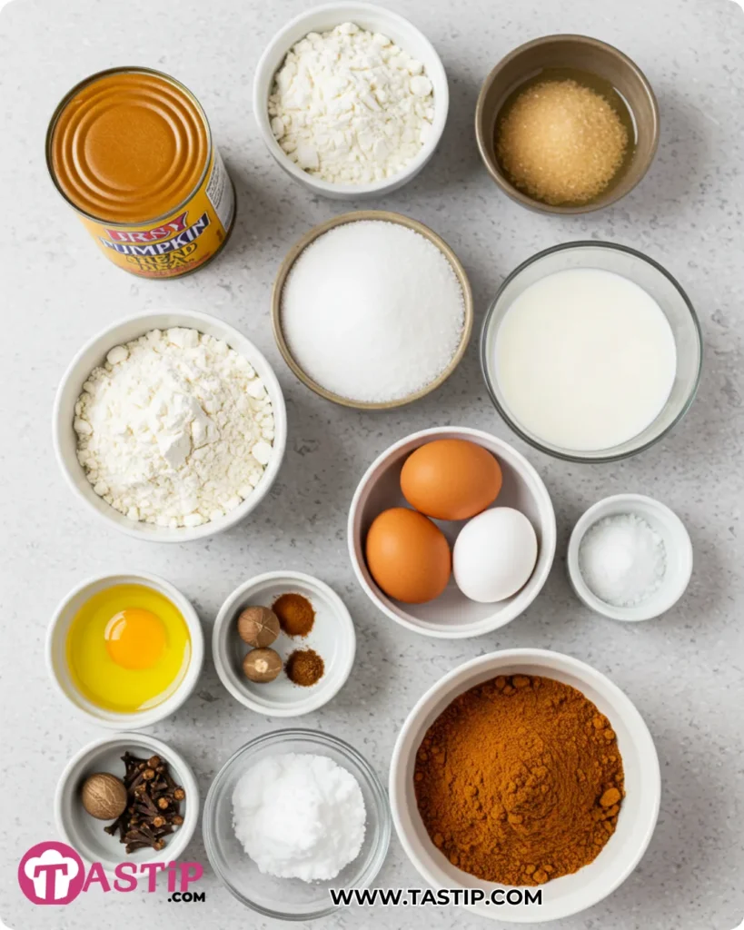 Ingredients for Easy Pumpkin Bread arranged overhead