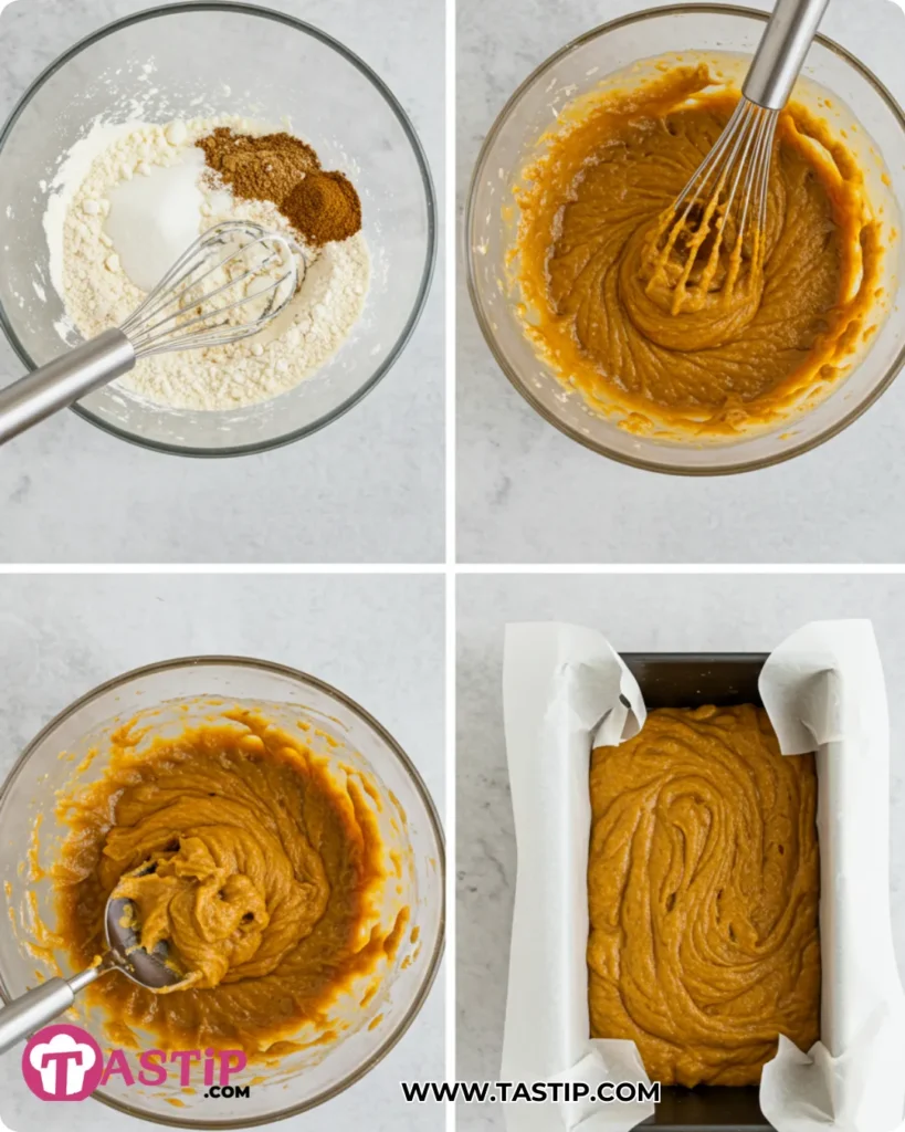Steps for Easy Pumpkin Bread from mixing to pan