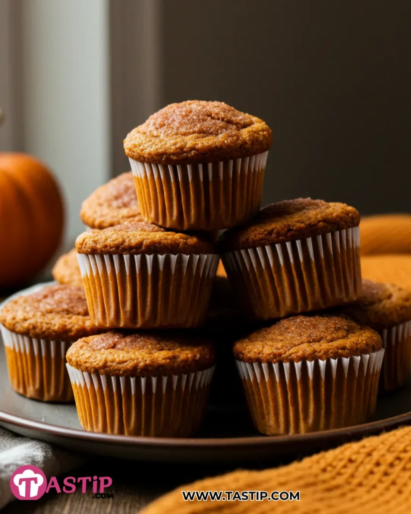 Greek Yogurt Pumpkin Muffins stacked with domed tops