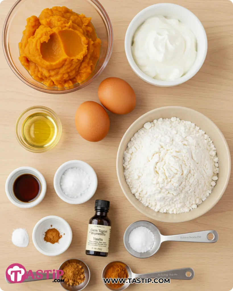 Ingredients for Greek Yogurt Pumpkin Muffins arranged overhead