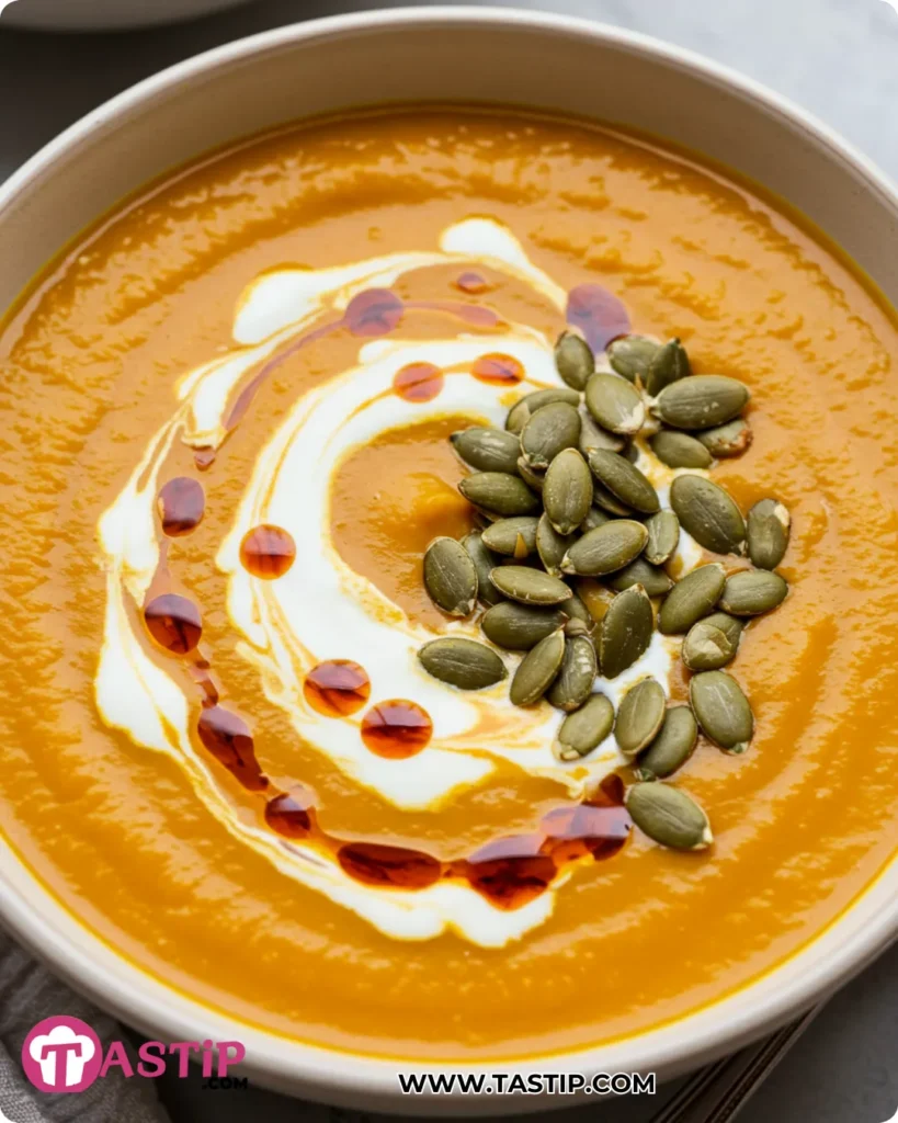Served Gut-Healing Pumpkin Soup with pepitas and yogurt swirl